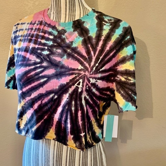 NWT Abound Crop Top Small Tie Dye Cotton Modal Black Teal Pink Yellow Stretch - Picture 5 of 14